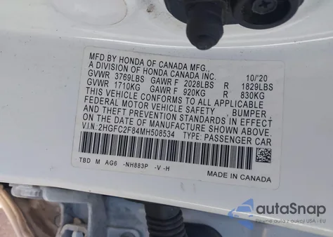 2021 Honda Civic Sport z USA, uszkodzony, nr VIN 2HGFC2F84MH508534